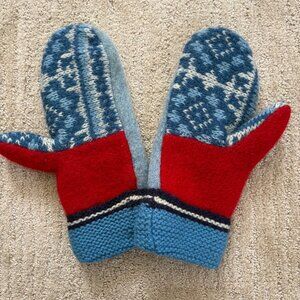 Vintage Hand-Knit Wool Mittens Red, Blue & Nordic Pattern Lined Warm & Cozy